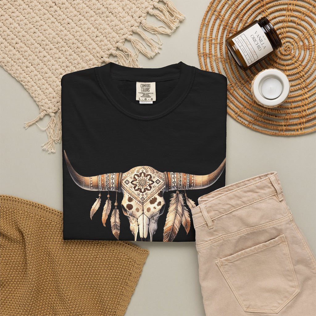 Boho Longhorn Skull with Feathers T-shirt | Southwestern Cow Skull Tee