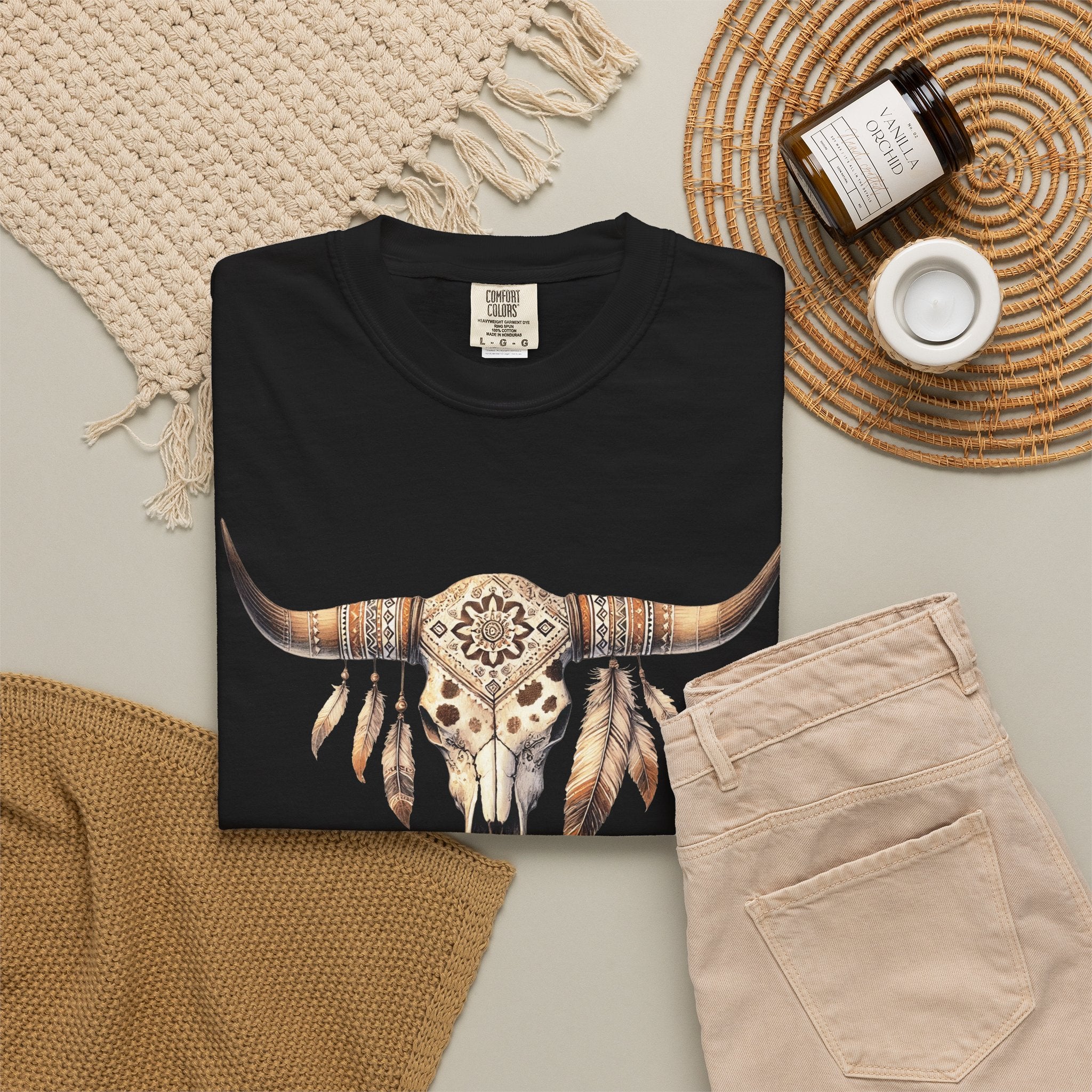 Boho Longhorn Skull with Feathers T-shirt | Southwestern Cow Skull Tee