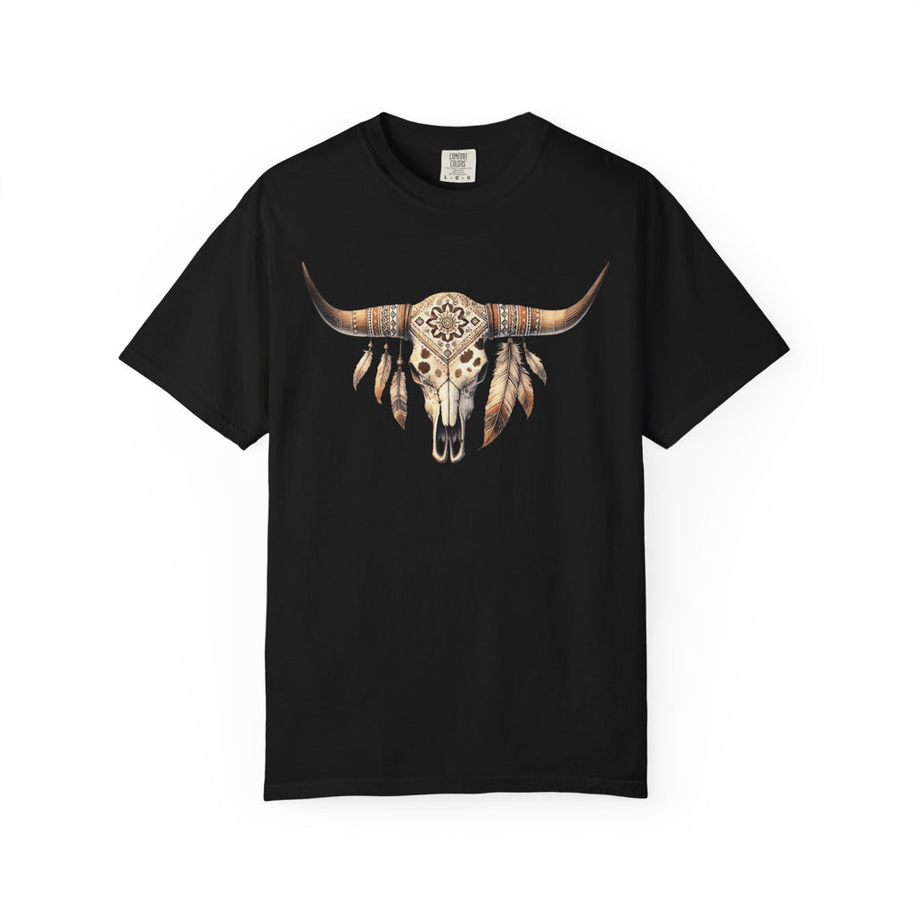 Boho Longhorn Skull with Feathers T-shirt | Southwestern Cow Skull Tee
