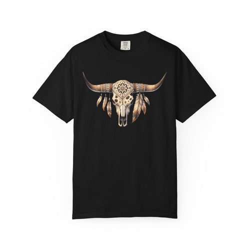 Boho Longhorn Skull with Feathers T-shirt | Southwestern Cow Skull Tee
