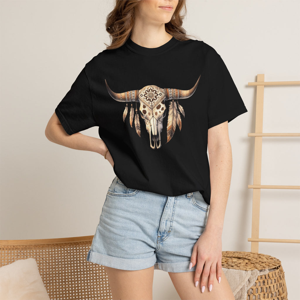 Boho Longhorn Skull with Feathers T-shirt | Southwestern Cow Skull Tee