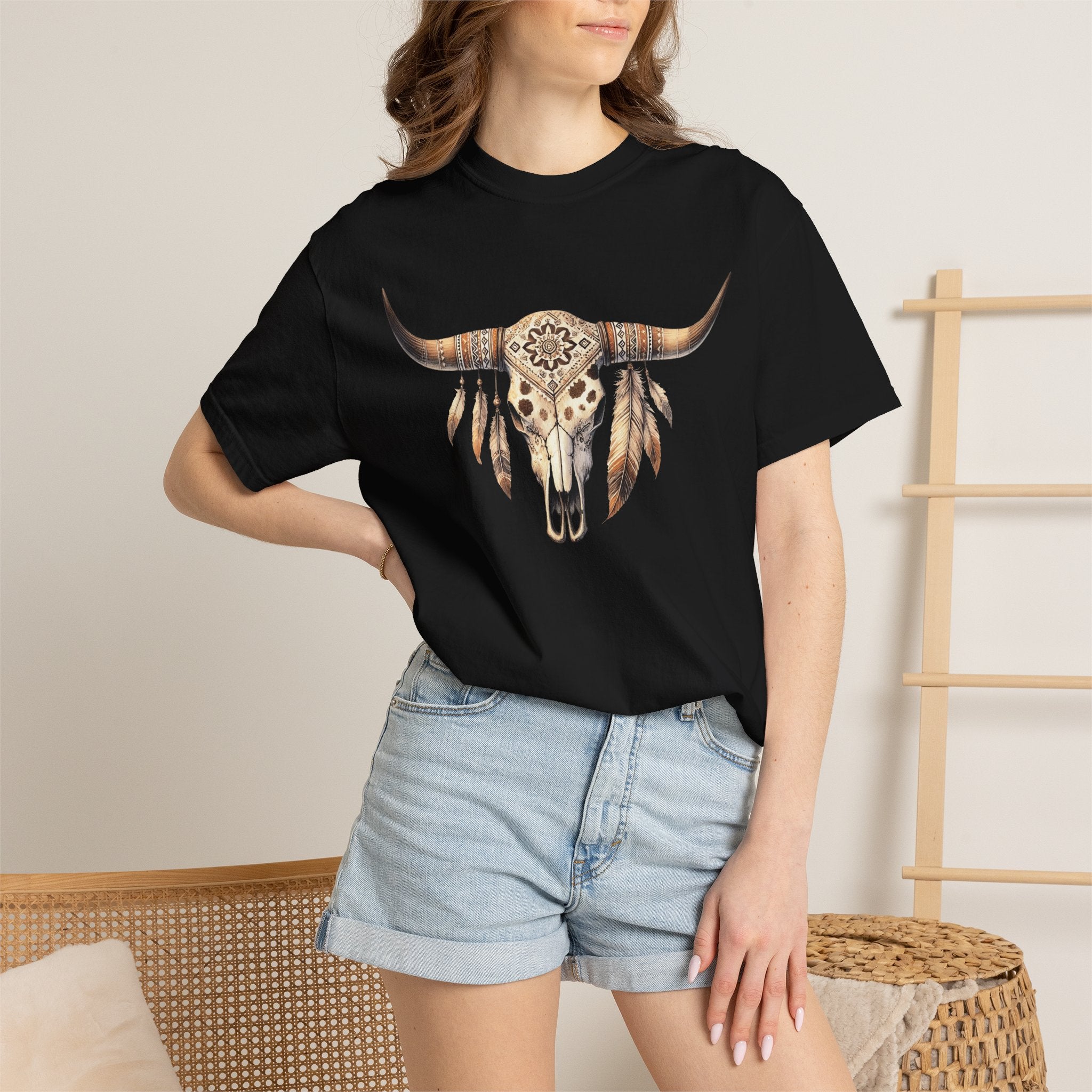 Boho Longhorn Skull with Feathers T-shirt | Southwestern Cow Skull Tee
